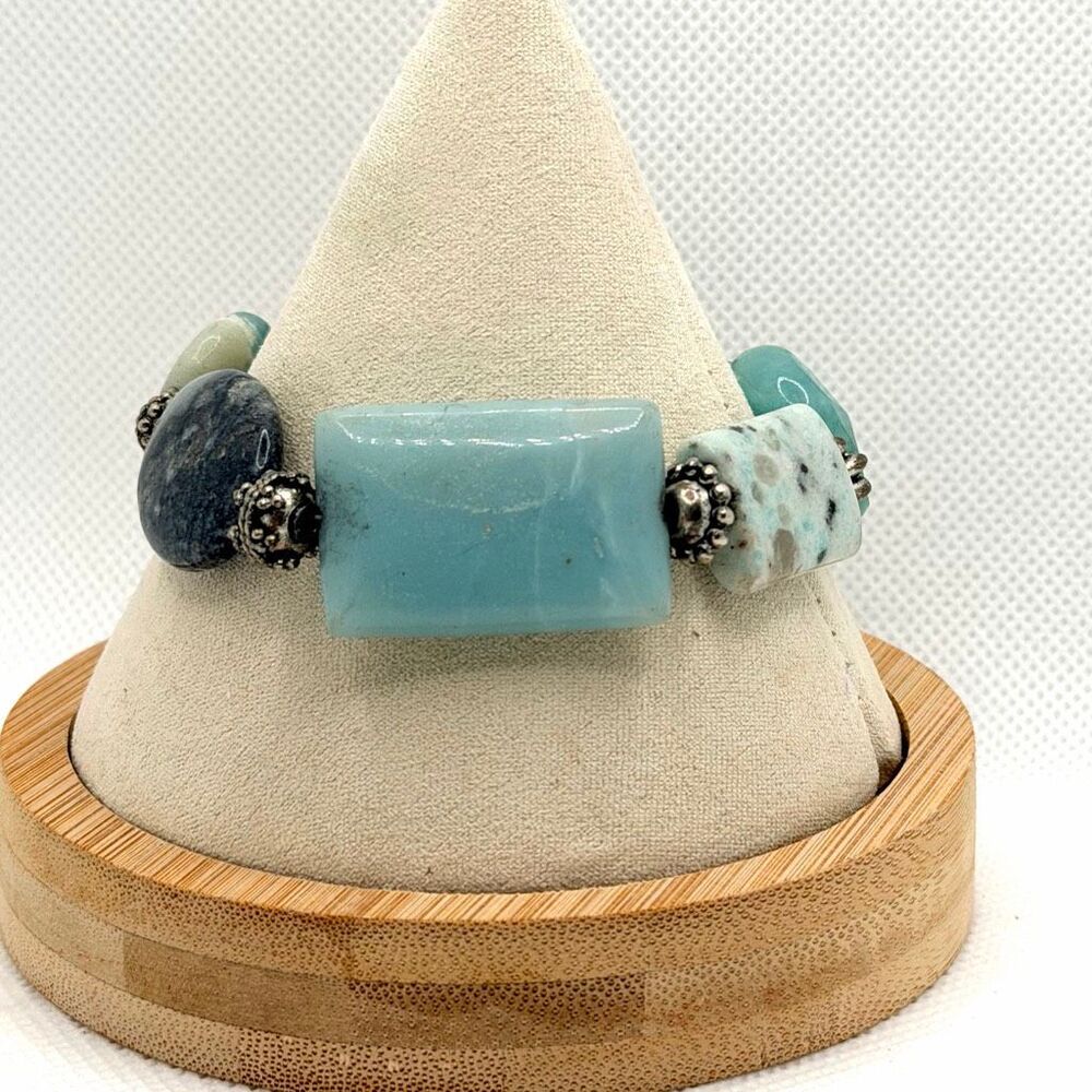 Amazonite & Gray Jasper Artisan Gemstone Toggle Bracelet Silver Tone